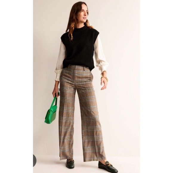 Boden Westbourne Wool Trousers R0430 Brown Plaid‎ Wide Leg Career Pants US 2P